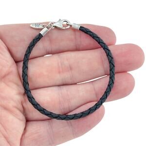 Vintage Sterling Silver 925 Black Leather Bracelet 7.25"